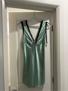 Cotton Candy Mint Green Satin Chemise with Black Lace Trim